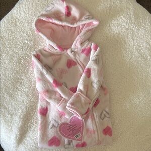 Pink Heart Patterned Hooded Fleece Baby footed onesie